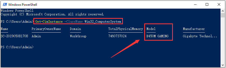 Check model number in PowerShell