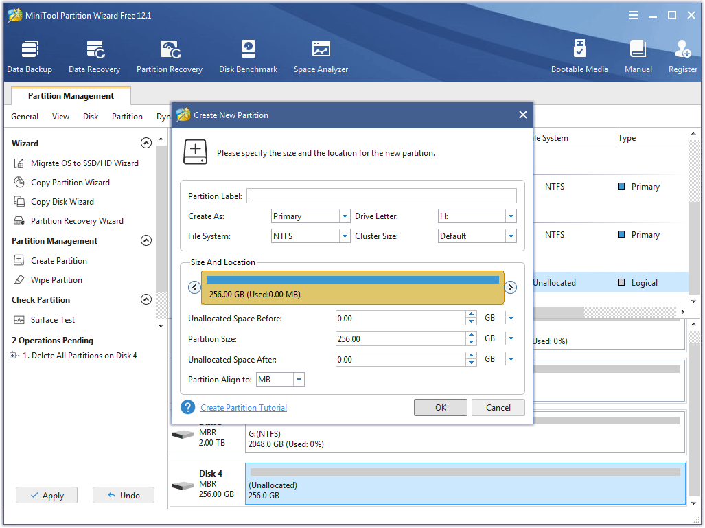 create one partition via MiniTool Partition Wizard