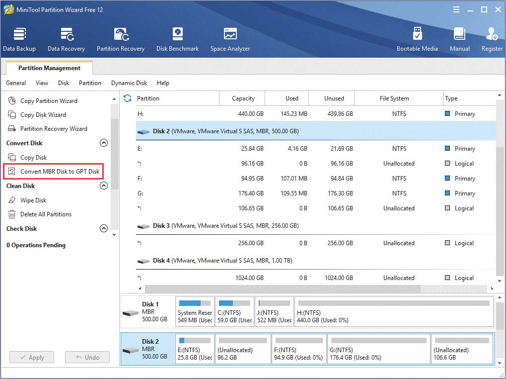 click on Convert MBR disk to GPT disk