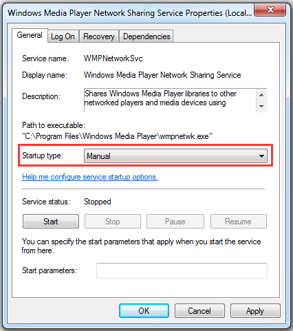 select Manual Startup type