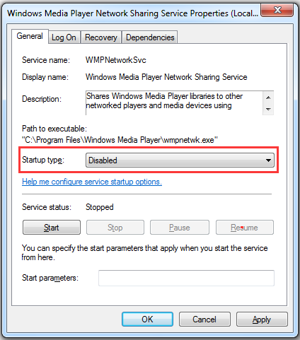disable wmpnetwk.exe service