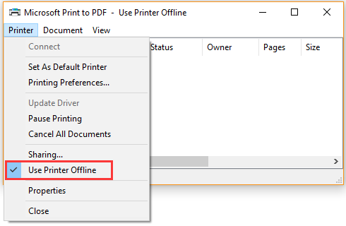 unselect Use Printer Offline