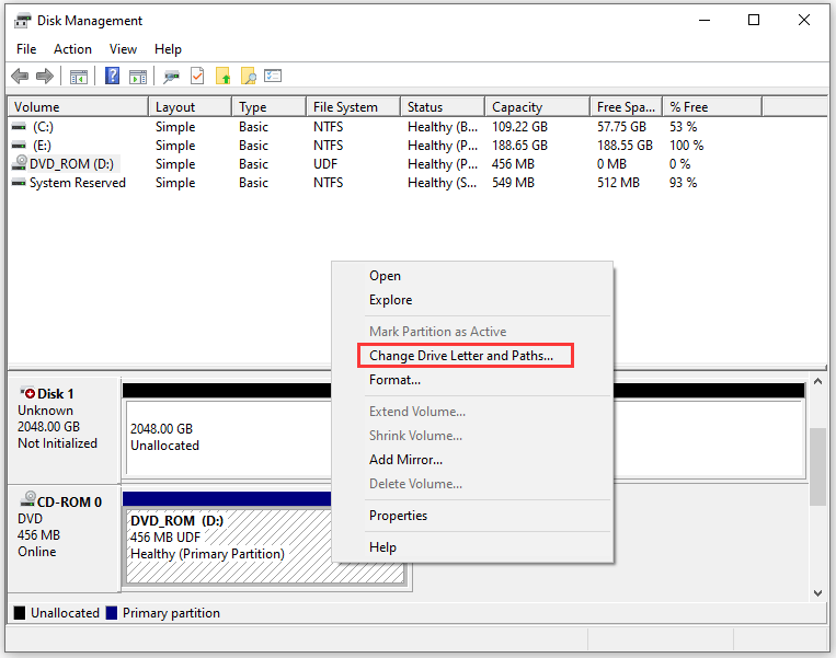 choose the Change Drive Letter and Paths option