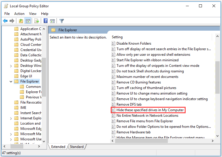 find the Hide these specified drives in My Computer