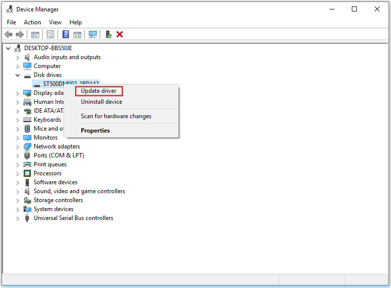 activate the Update driver option.