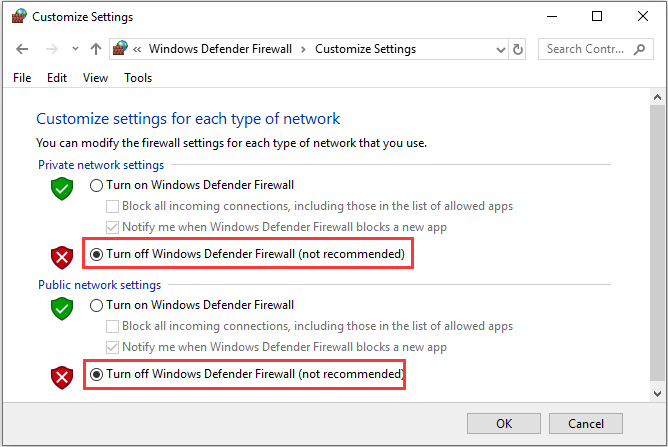 turn off Windows Defender Firewall