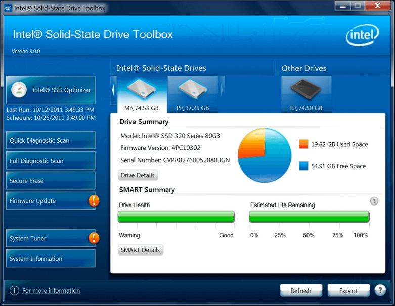 Intel Solid-State Drive Toolbox main interface