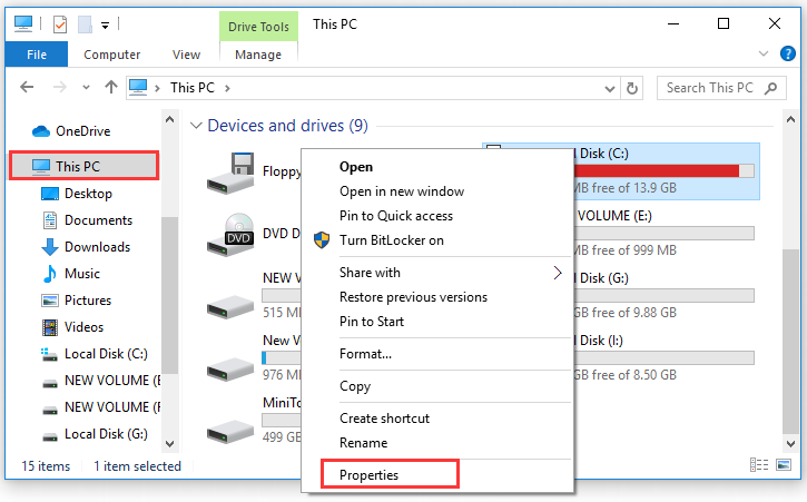 right click C drive and select properties