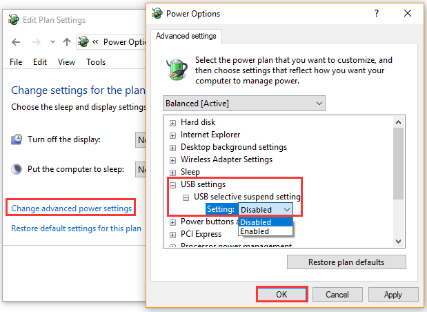 the process of disabling USB selective suspend setting