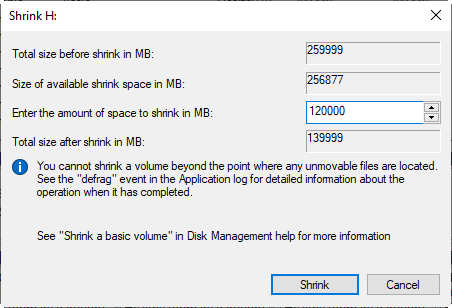 Specify Shrink Space