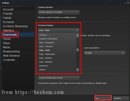 change Steam download region