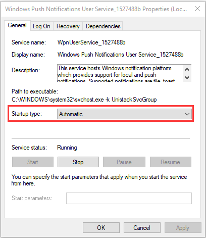 set Startup type to Automatic