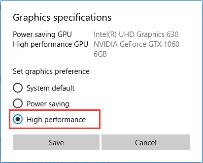 set graphics preference to High performance