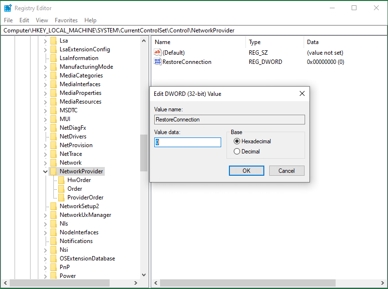 Set RestoreConnection to 0