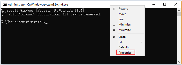select Properties from Command Prompt window