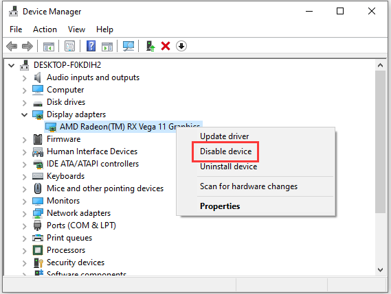 click Disable device