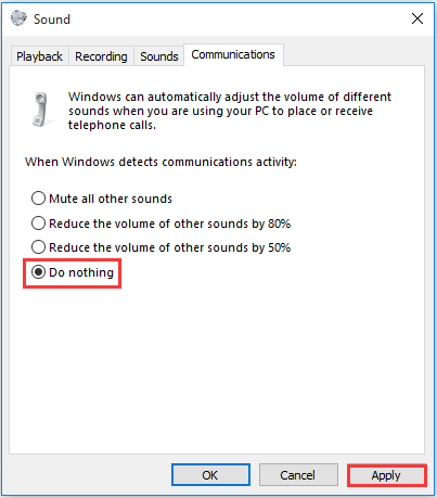 select Do nothing when Windows detects communication activity