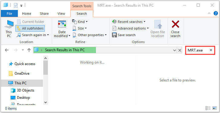 search for MRT exe file in File Explorer