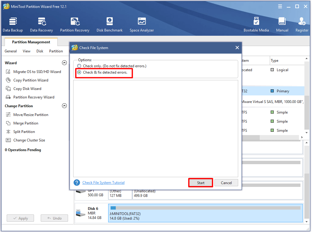 choose an option for checking file system and then start the process
