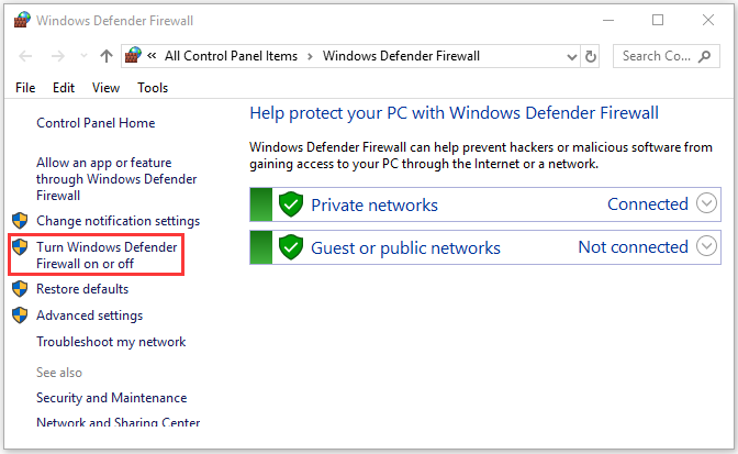 Turn Windows Defender Firewall on or off