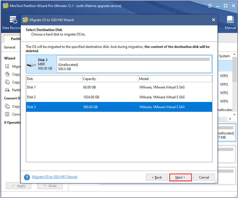 select destination disk
