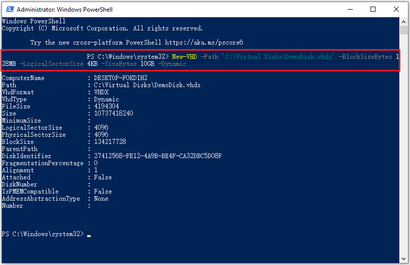create a VHDX file via PowerShell