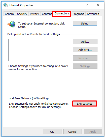 click LAN settings
