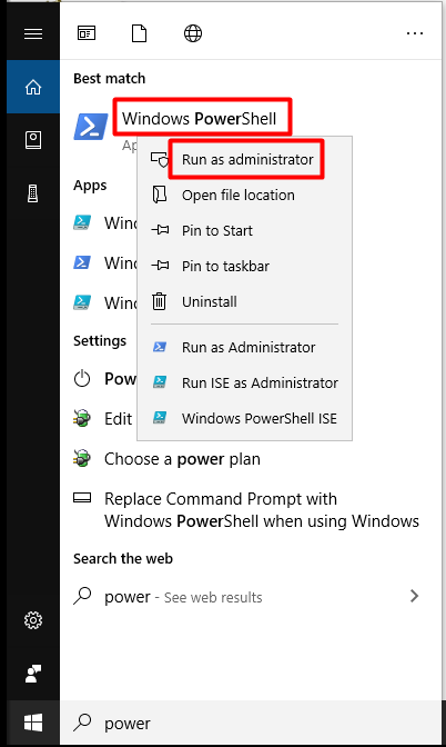 run Windows PowerShell as administrator from search box