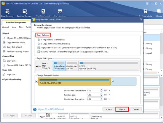 choose copy options and configure size and location