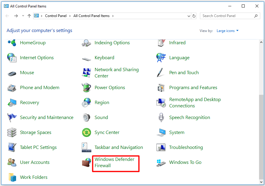 click on Windows Defender Firewall