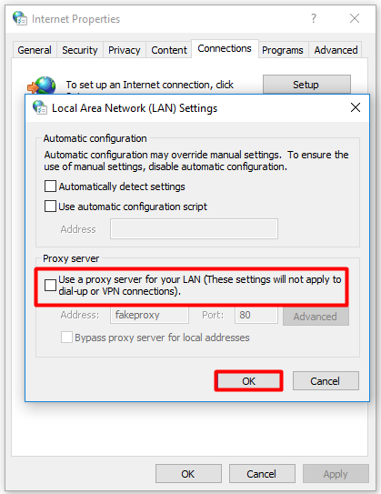 uncheck Use a proxy server for your LAN