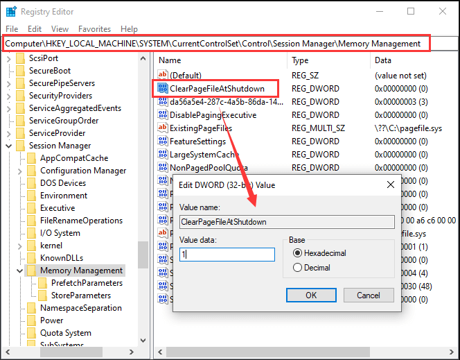 modify ClearpageFileAtShutdown entry