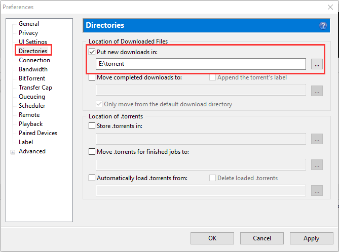 modify directories for locations of torrents