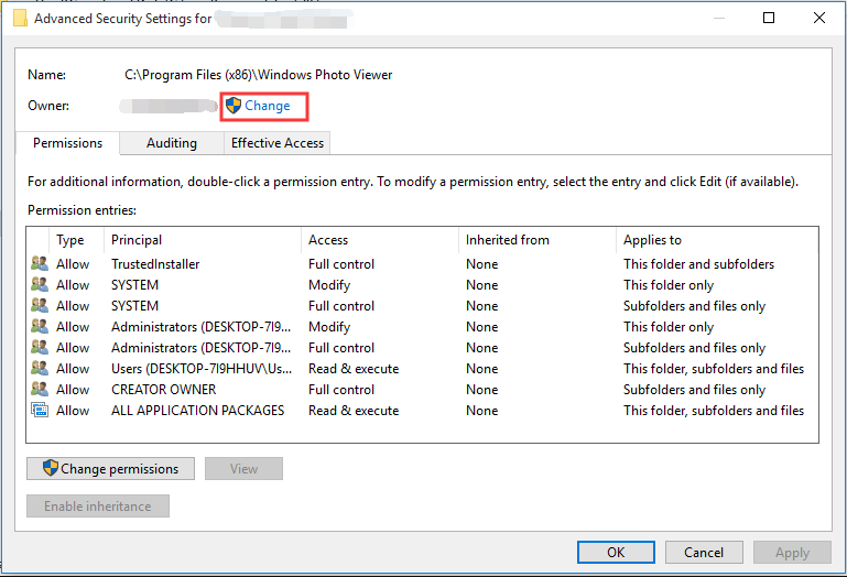 Advanced Security Settings window