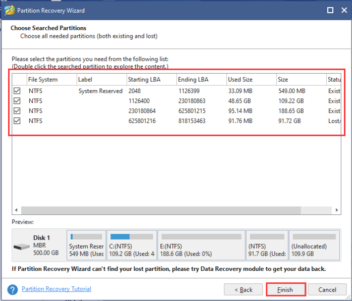 select all partitions and click Finish to recover