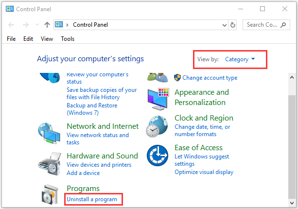click on Uninstall a program in Control Panel