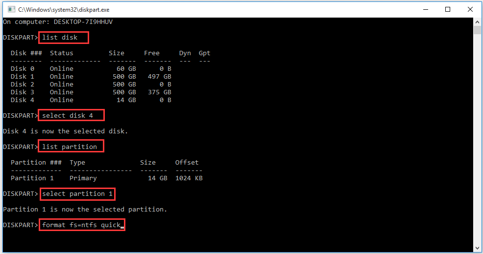 formating the disk to NTFS using diskpart