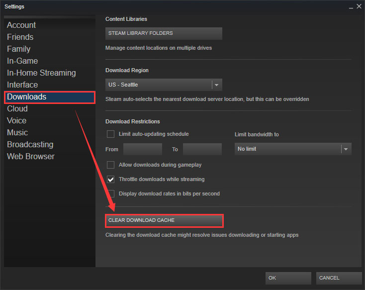 clear download cache on Steam
