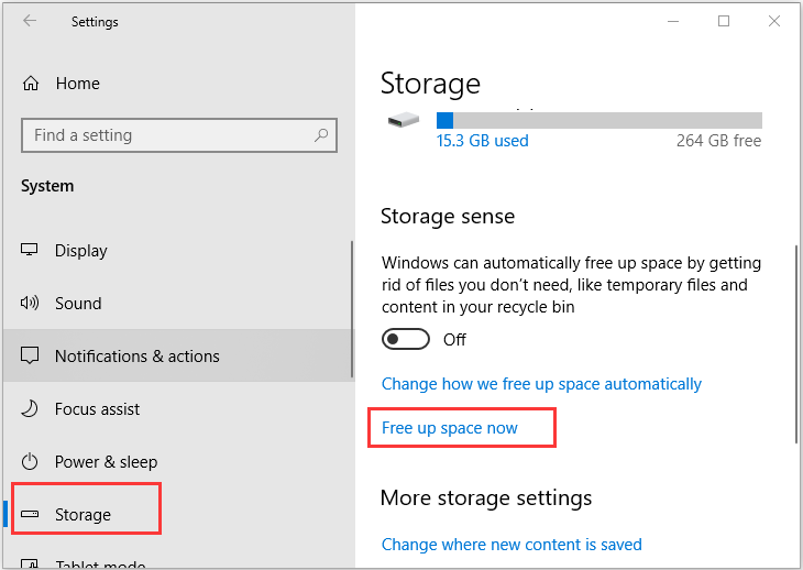 click Free up space now