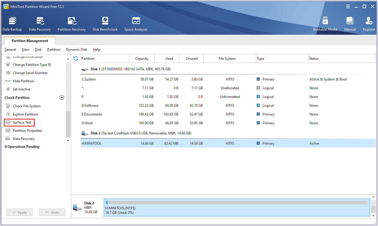 activate the Surface Test feature