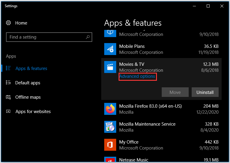 click Advanced options under Movies & TV