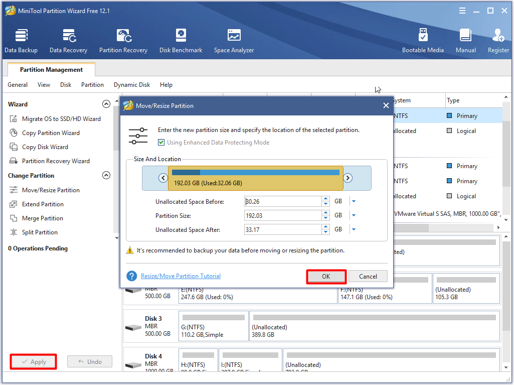 move and resize the chosen partition
