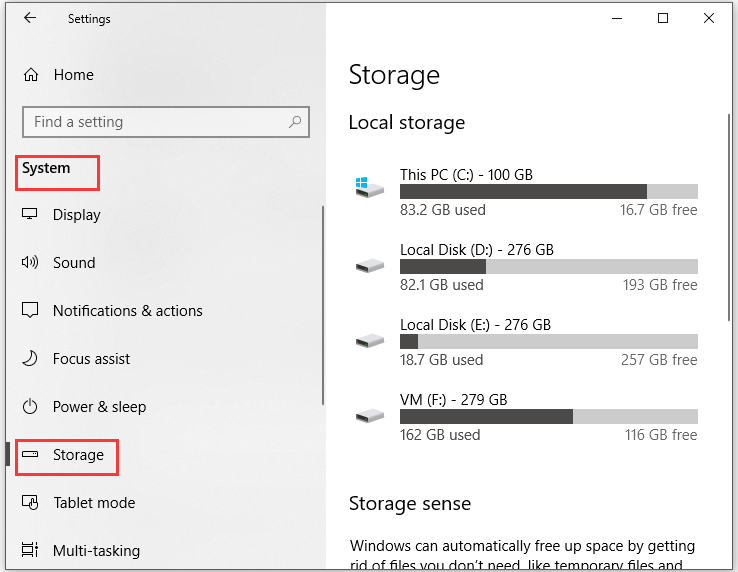 view the available disk space through Settings window