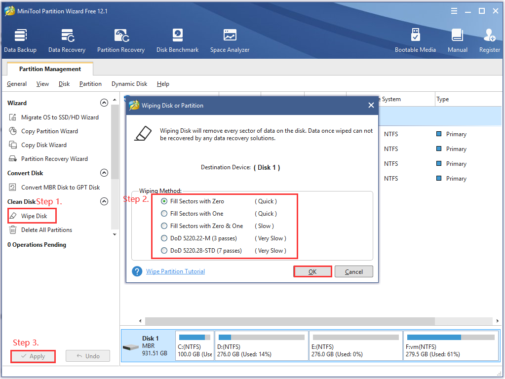 the process of wiping a hard drive via Partition MiniTool Wizard