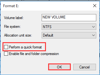 uncheck Perform a quick format