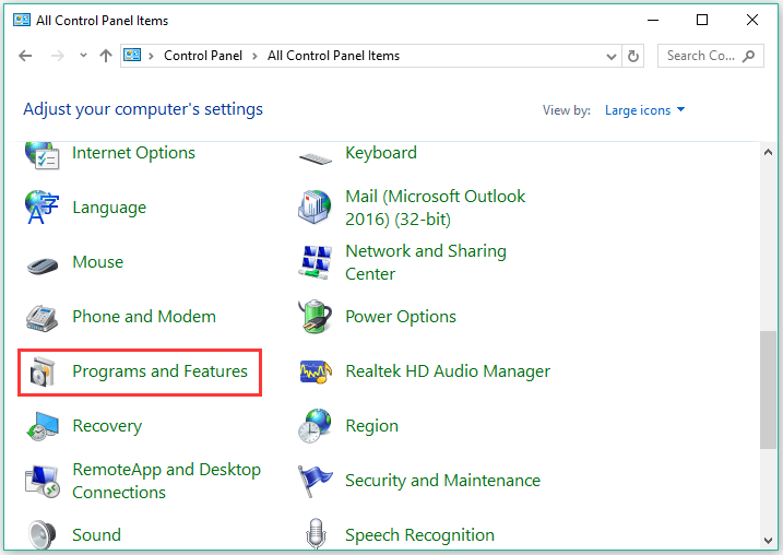 click Programs and Featiures