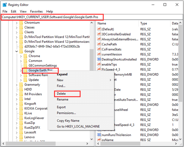 delete Google Earth registry keys