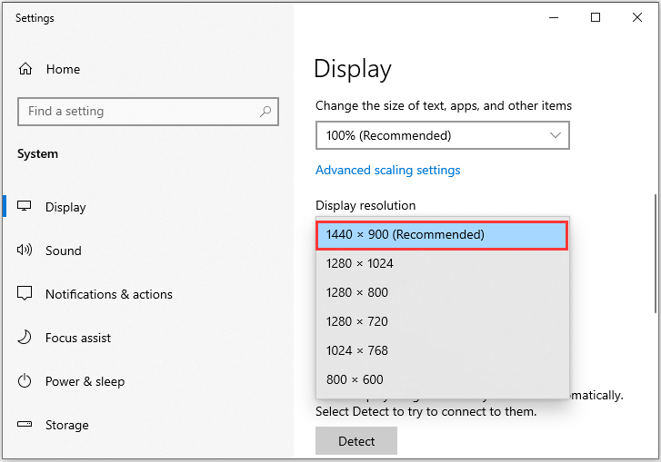 check recommended Display resolution