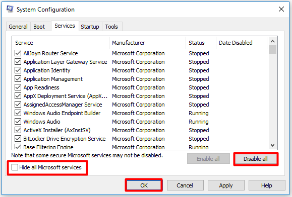 uncheck Hide all Microsoft services and click disable all