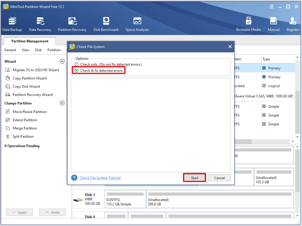 choose Check and fix detected errors and click Start